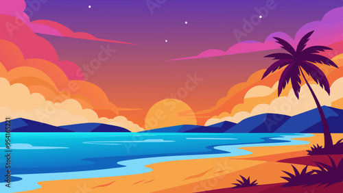 Serene Beach Sunset Captivating Vibrant Colors in the Sky for a Tranquil Evening View