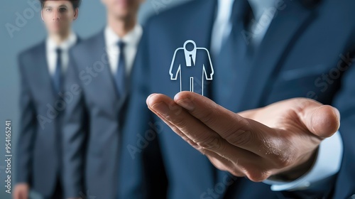 Businessman holding a man icon in his hand, symbolizing human resources.