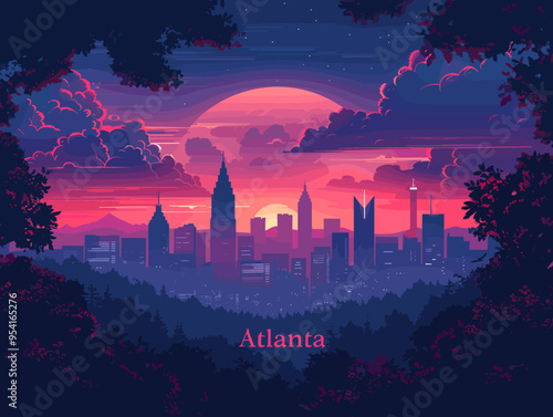 Atlanta (Georgia ) city, USA. Touristic Greeting Card, travel poster from Atlanta. Art Vector Illustration