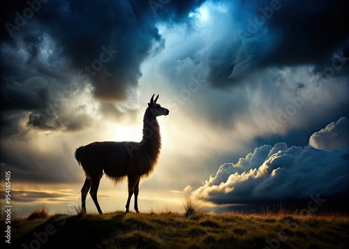 moody atmospheric probllama silhouette against dramatic stormy sky with bold dark colors and intense lighting photo