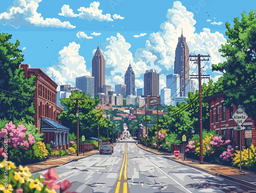Atlanta (Georgia ) city, USA. Touristic Greeting Card, travel poster from Atlanta. Art Vector Illustration