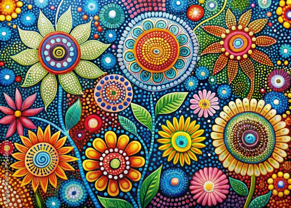 abstract dot painting of blooming flowers with intricate details and vibrant colors in mid-century modern style with bold composition abstract dot painting of blooming flowers with intricate details and vibrant colors in mid-century modern style with bold composition