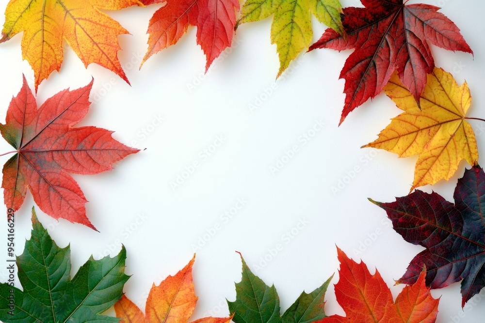 Fototapeta premium Autumn Maple Leaves Flat Lay White Background created with Generative AI