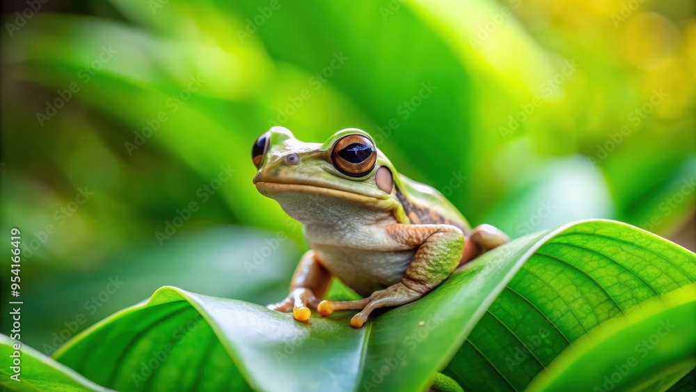 Frog perched on lush green leaves in peaceful nature setting, frog, leaves, tranquility, morning, basking, nature Frog perched on lush green leaves in peaceful nature setting, frog, leaves, tranquility, morning, basking, nature