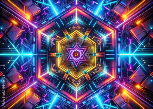 geometric shapes and neon lights merging in a kaleidoscope of colors and patterns in an abstract depiction of efficient energy and futuristic innovation