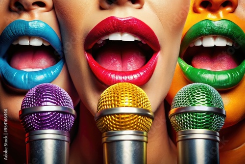 close-up shots of mouths and lips speaking into microphones with bold bright colors and dynamic composition emphasizing confidence and energy