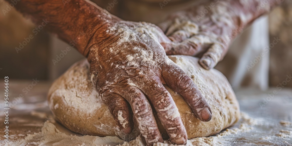 hands kneading dough for bread, flour dusted on the surface, a traditional craft with a warm and inviting feel hands kneading dough for bread, flour dusted on the surface, a traditional craft with a warm and inviting feel