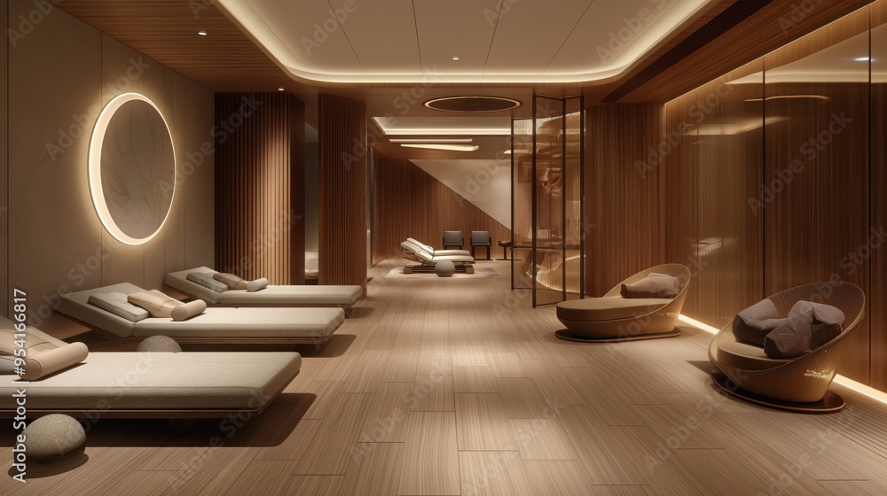 Fototapeta premium Luxurious Modern Spa Lounge with Minimalist Design and Ambient Lighting for Relaxation and Wellness