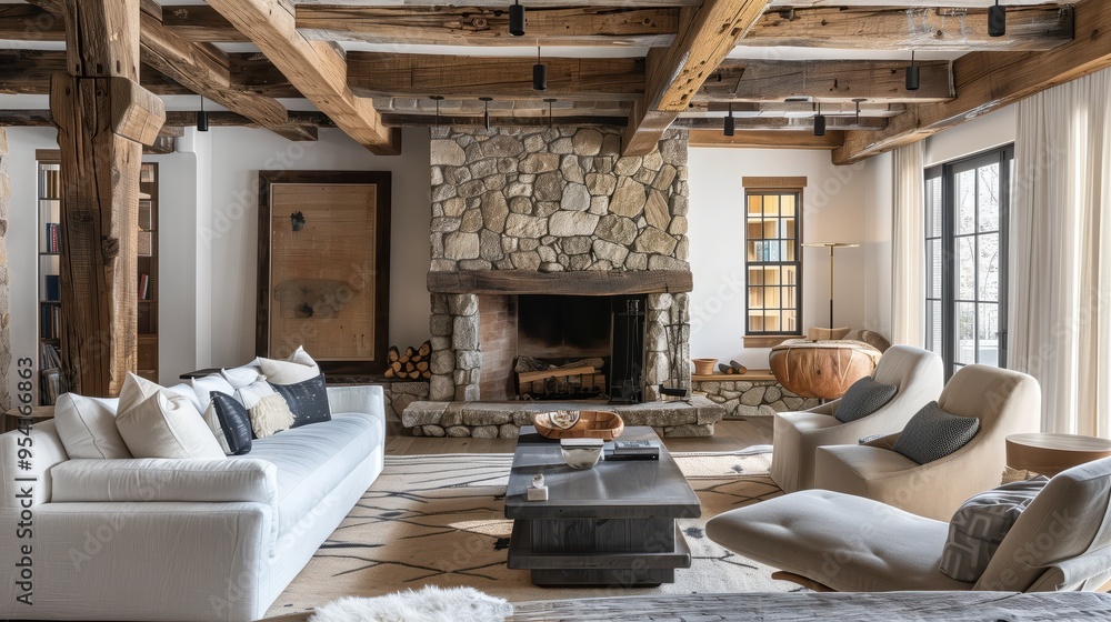 Cozy Rustic Living Room with Stone Fireplace and Wooden Beams in Modern Home Cozy Rustic Living Room with Stone Fireplace and Wooden Beams in Modern Home