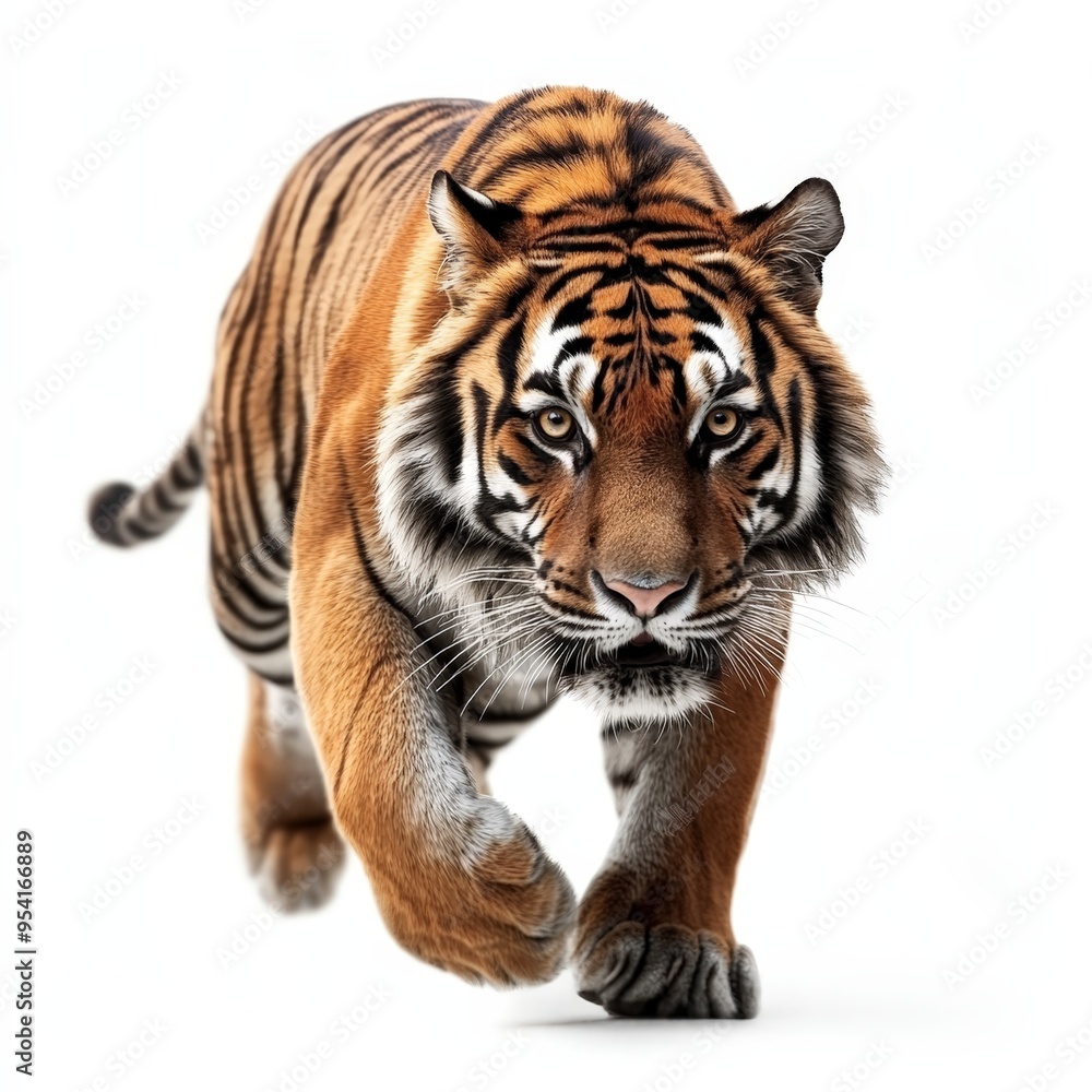 Obraz premium A tiger is running across a white background