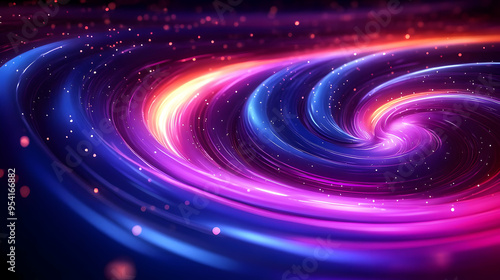 Abstract swirling lights in a dark background with pink, blue, and orange colors.