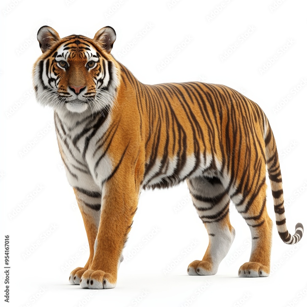 Obraz premium A tiger stands on a white background, looking directly at the camera
