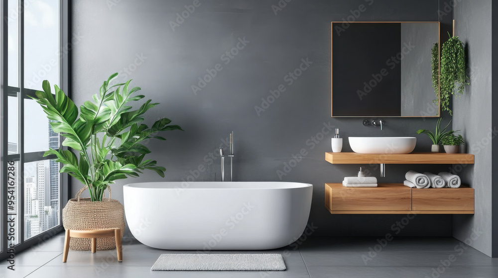 Fototapeta premium Sleek, modern bathroom featuring a white freestanding bathtub, wooden elements, and lush green plants, creating a serene and stylish space.