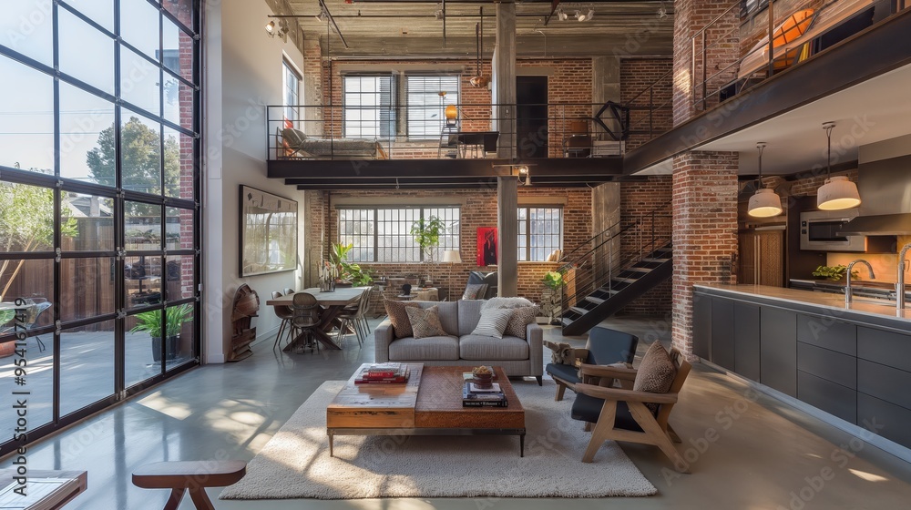 Fototapeta premium Modern Industrial Loft with Open Living Space, Large Windows, and Exposed Brick Walls