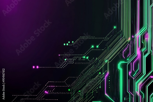 Abstract representation of a circuit board with glowing neon lines and geometric patterns against a dark background. The image evokes a high-tech, futuristic feel with ample copy space 