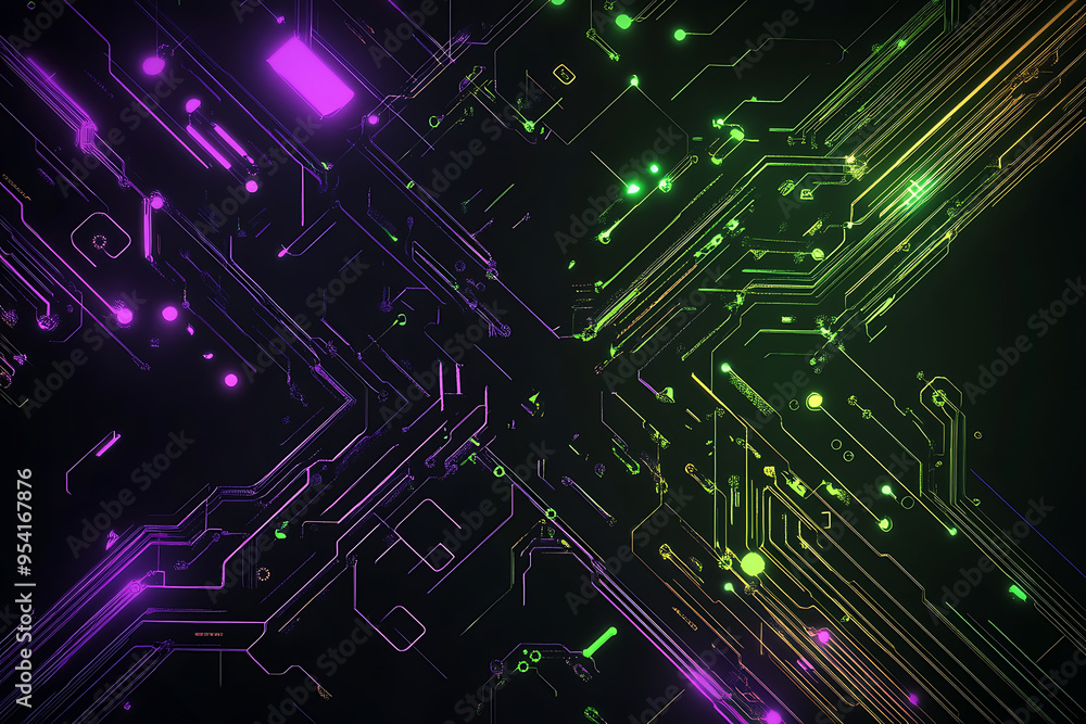 Abstract representation of a circuit board with glowing neon lines and geometric patterns against a dark background. The image evokes a high-tech, futuristic feel with ample copy space
Abstract representation of a circuit board with glowing neon lines and geometric patterns against a dark background. The image evokes a high-tech, futuristic feel with ample copy space