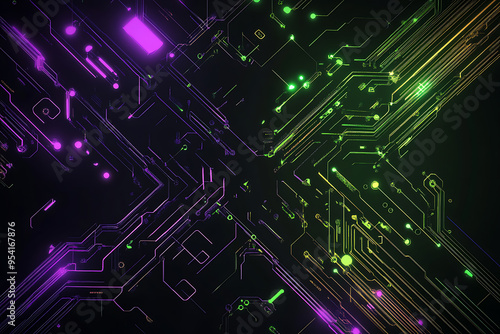 Abstract representation of a circuit board with glowing neon lines and geometric patterns against a dark background. The image evokes a high-tech, futuristic feel with ample copy space 