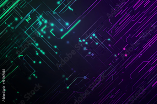 Abstract representation of a circuit board with glowing neon lines and geometric patterns against a dark background. The image evokes a high-tech, futuristic feel with ample copy space	
