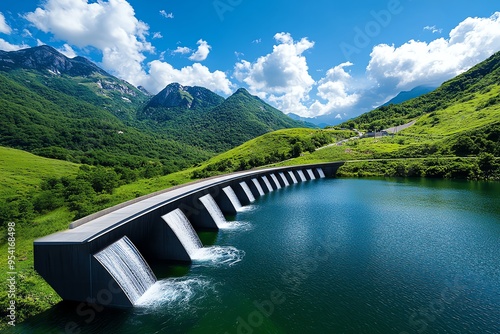 Renewable energy and hydropower sustainability are illustrated in an eco-friendly themed design of a dam integrated into a natural mountain landscape