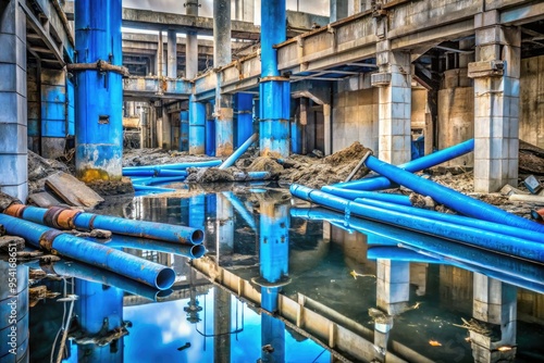 bright blue construction pipes strewn about flooded site with murky water reflecting shattered concrete and twisted metal in a stark urban decay scene photo