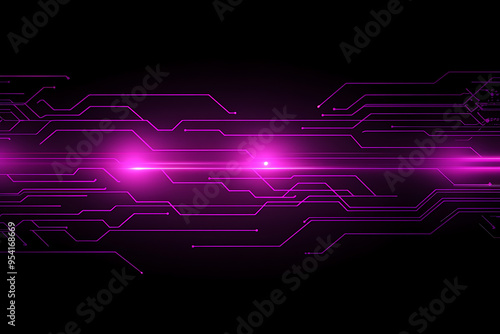 Abstract representation of a circuit board with glowing neon lines and geometric patterns against a dark background. The image evokes a high-tech, futuristic feel with ample copy space 