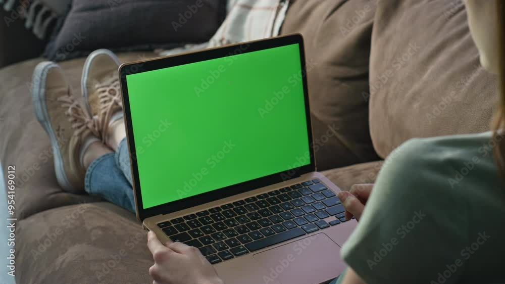 Lady working online mockup laptop in living room sofa closeup. Unknown woman Lady working online mockup laptop in living room sofa closeup. Unknown woman