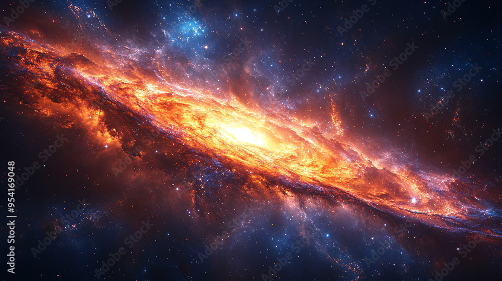 Obraz premium The image portrays a stunning edge-on view of a spiral galaxy, with a fiery, luminous core radiating intense orange and yellow light. The galaxy's disk is surrounded by swirling clouds of gas and dust