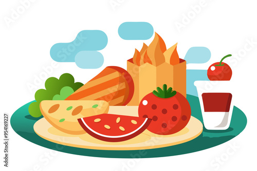 Italian Menu Illustration- Popular Meat Dishes, Lunch and Dinner Icons on a Plate