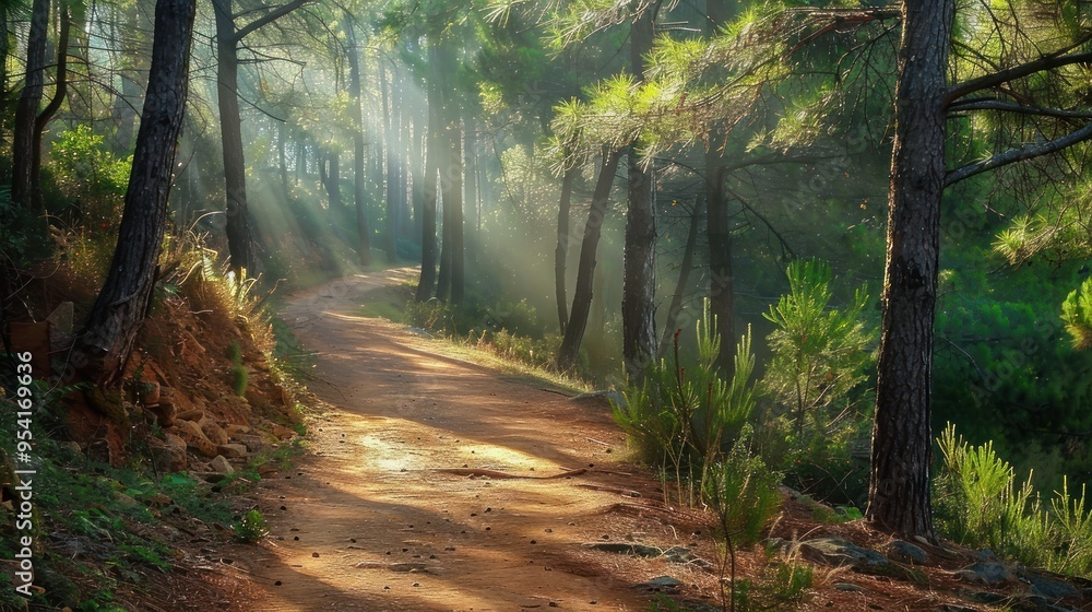 Obraz premium Sunbeams Illuminating a Forest Path