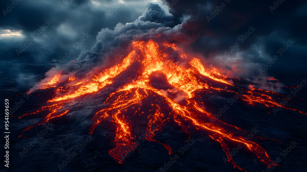 Fototapeta premium Aerial view of a volcano erupting with lava flowing down the sides.