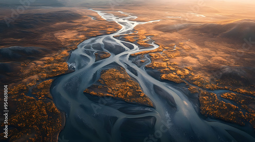 Aerial view of a winding river through a dry, orange landscape. photo