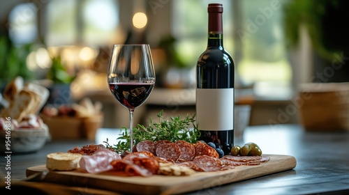 A bottle of wine and a glass of wine are on a table with a plate of food