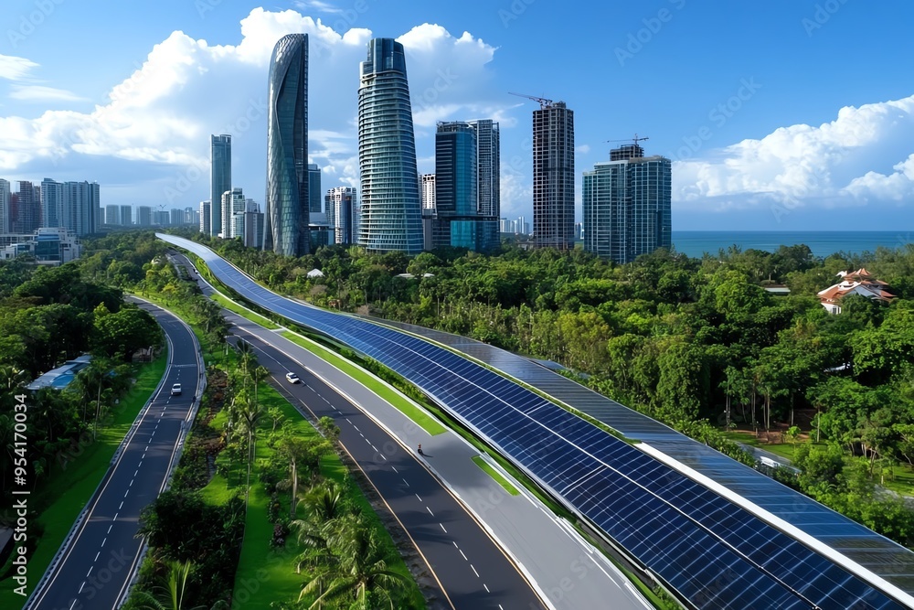 Fototapeta premium Renewable energy, urban planning, solar cities integrate renewable energy sources into the design of new developments