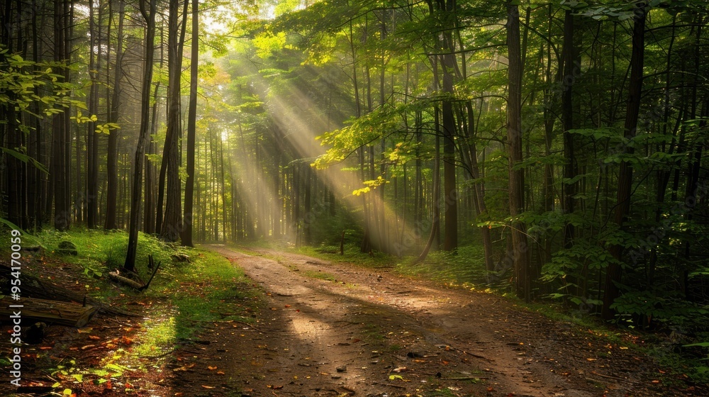 Obraz premium Sunbeams Through the Forest