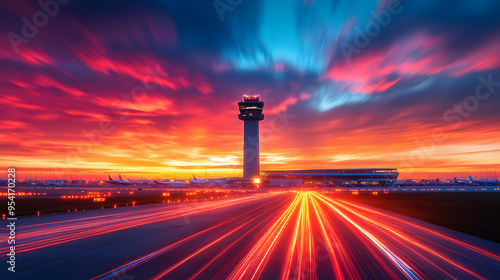 Air traffic control tower with light trails at sunset. photo