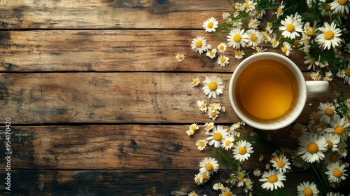 A cup of chamomile tea on a wooden table on a background of greenery, creating an atmosphere of peace