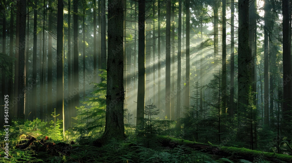 Fototapeta premium Sunbeams Piercing Through a Misty Forest