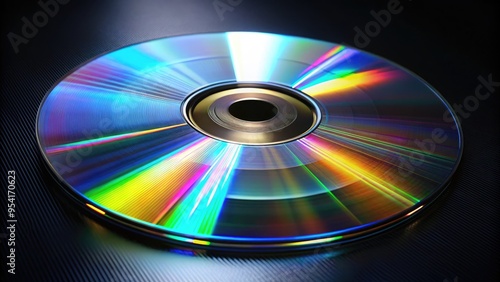 Modern digital video disc lies open on a sleek black background, reflecting light and showcasing its shiny surface and intricate data patterns.