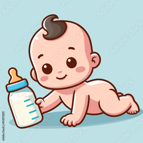 A baby holding a bottle. The baby is laying on the ground