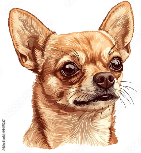 Chihuahua Dog Face: A bold, expressive illustration of a Chihuahua's face, capturing the breed's confident and spirited personality. Isolated on a white background.
