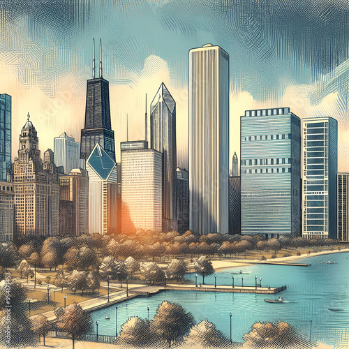  Illustration Drawing Famous Chicago City Urban Cityscape Skyscrapers Tall Skyline Buildings & Towers by Day. Lake Michigan & Downtown, Illinois USA. Lincoln Park Observatory River Essence Jazz Blues  photo