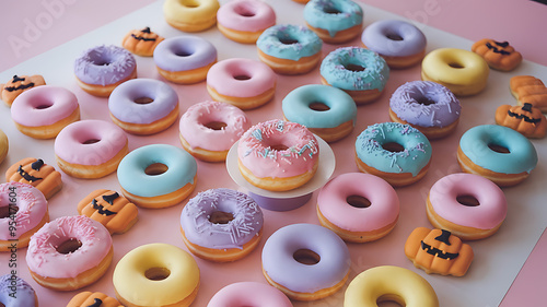 A vibrant and playful arrangement of colorful donuts and Halloween-themed decorations. Perfect for a festive and sweet backdrop. 