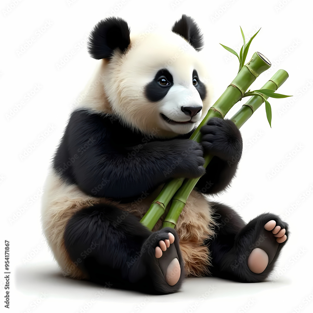 A cuddly panda chewing on bamboo, in a realistic design style, cut out, contour, white background A cuddly panda chewing on bamboo, in a realistic design style, cut out, contour, white background