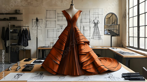 An orange gown with a V-nec...