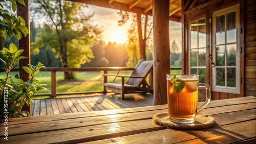 morning wooden porch iced peach tea warm soft light cozy intimate peaceful serene tranquility relaxed effortless simplicity photo