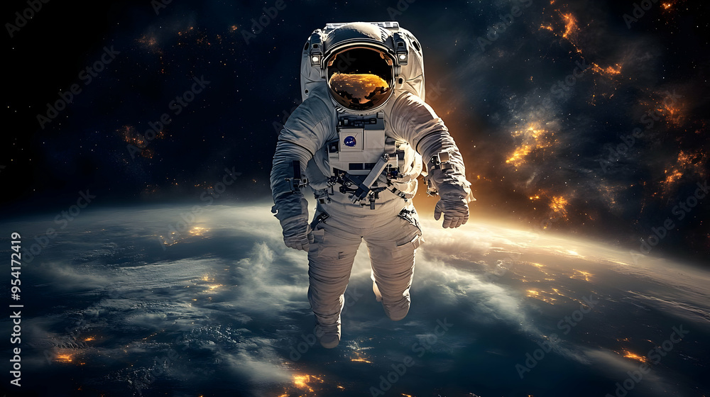 Astronaut floating in space above Earth, stars, and galaxy in the background. Astronaut floating in space above Earth, stars, and galaxy in the background.