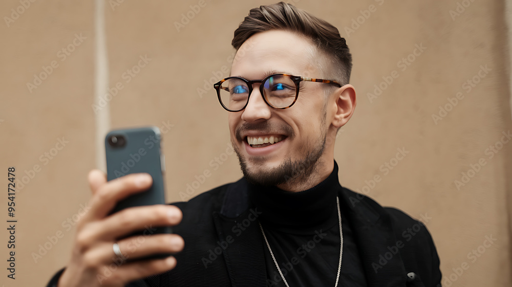 Smiling man in glasses looking at smartphone, happy and relaxed, modern urban lifestyle, casual wear. Smiling man in glasses looking at smartphone, happy and relaxed, modern urban lifestyle, casual wear.