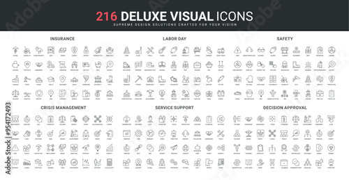 Online support, business decision, labor and crisis management line icon set. Equipment for worker safety, deposit and property, life insurance service thin black outline symbols vector illustration