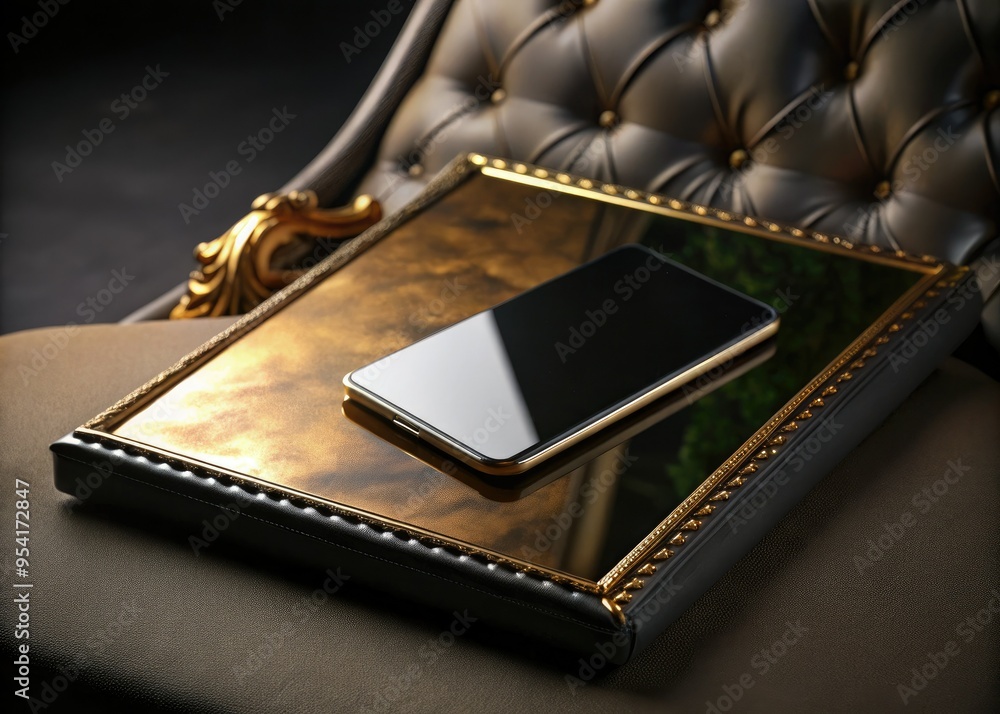 elegant luxury still life of a gold-edged postcard resting on a sleek black smartphone on a velvet-covered desk with softbox lighting elegant luxury still life of a gold-edged postcard resting on a sleek black smartphone on a velvet-covered desk with softbox lighting