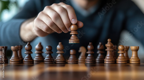 A person’s hand strategically moving a chess piece during a game, focusing on strategy and decision-making. photo